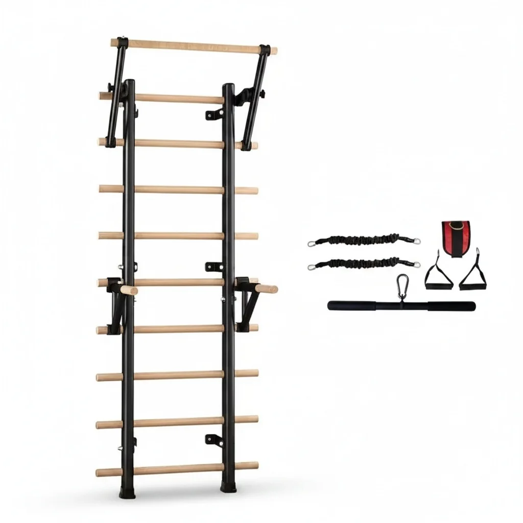 

Swedish Ladder, Steel and Wood Wall Mounted Pull Up Bar, Parallel Dip Station, 1979x800mm Stall Bars, Home Gym Equipment
