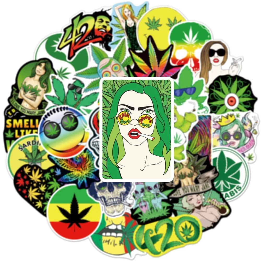 50/100PCS Cool Weed Leaves Spoof Characters Stickers casco moto personalizzato Skateboard impermeabile Graffiti Sticker Toys