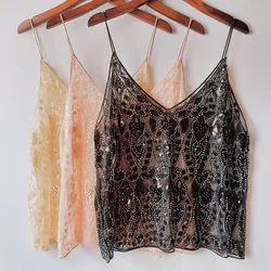 Camisole Undershirt Summer with A Hundred Sequin Beads Short Section V-neck Loose Fashion Small Fragrant Wind Tops Female