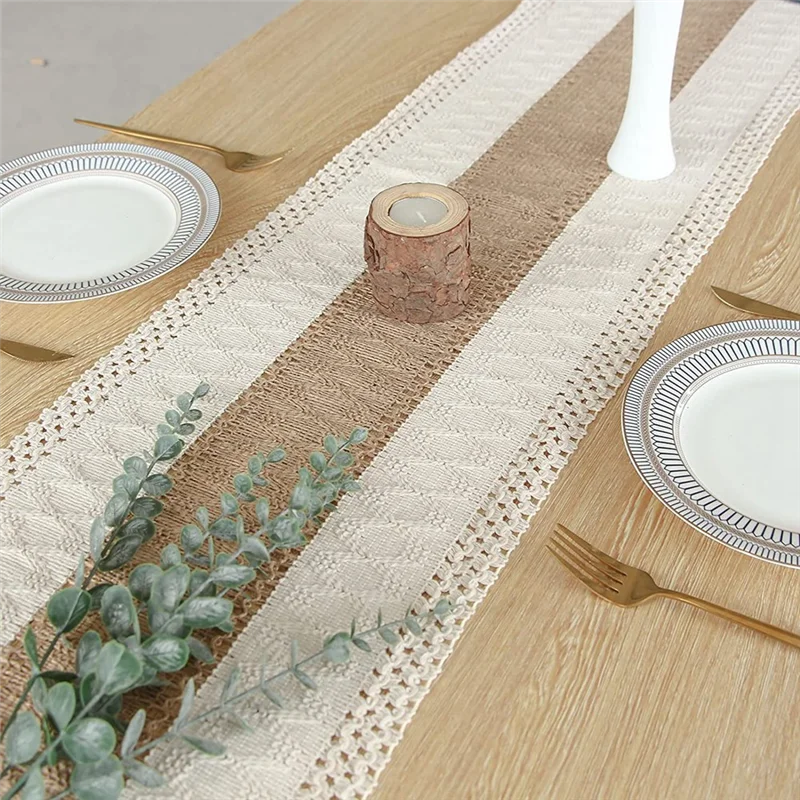 Macrame Table Runner 71Inch Long for Home Decor Boho Table Runner Cream & Brown Farmhouse Table Runner with Tassels