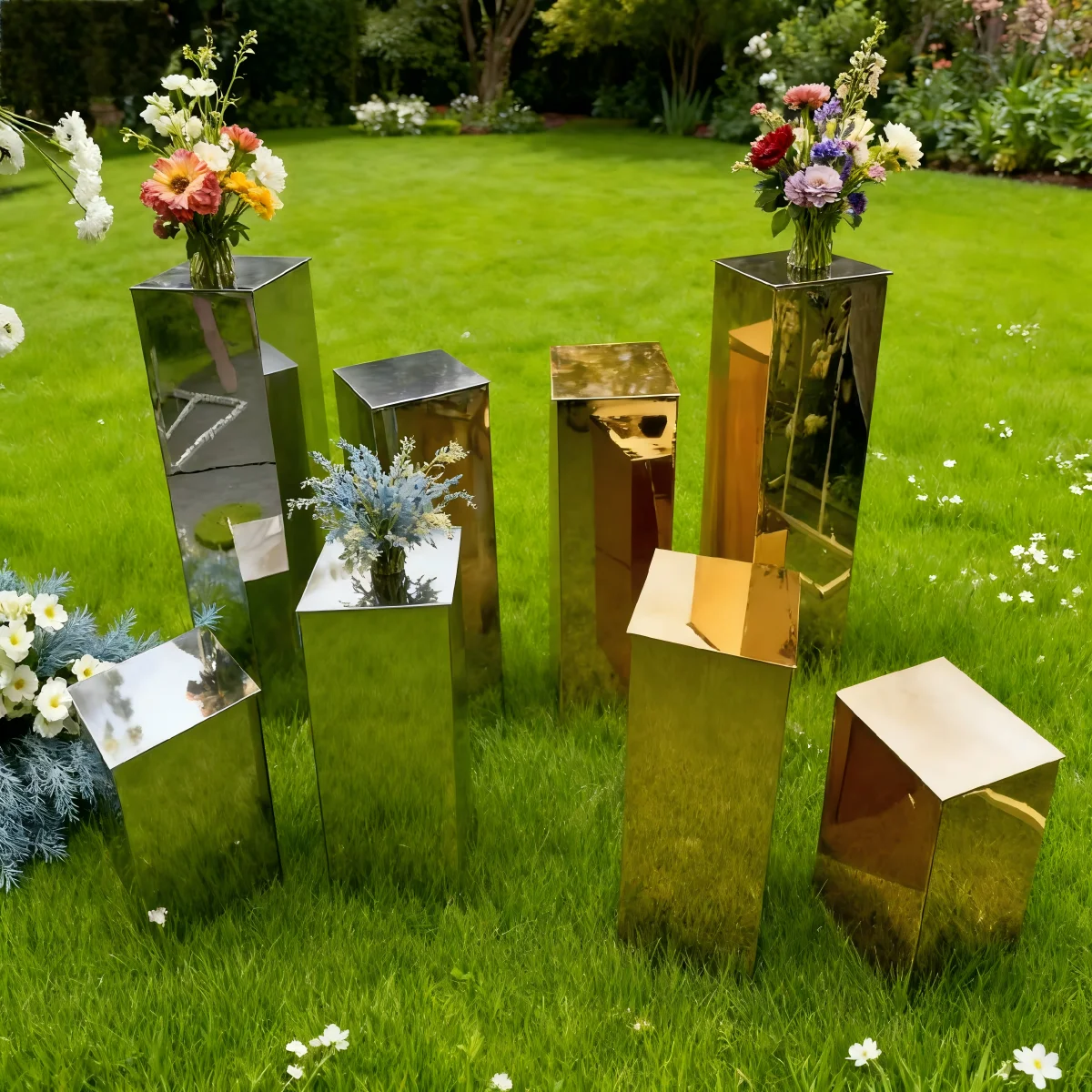 

Acrylic Square Column Flower Stand Double Mirror Design - For Wedding Party Birthday Outdoor Family Gathering Store Opening