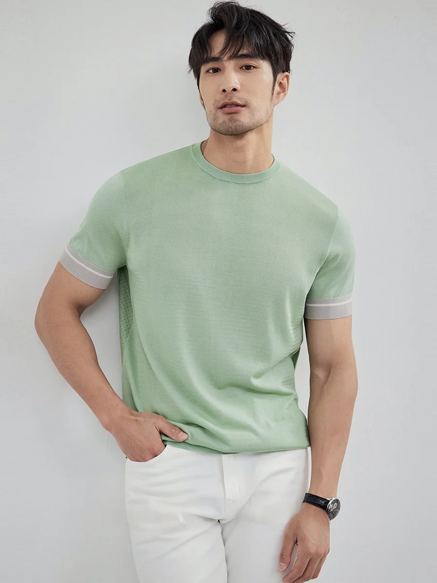

High Aesthetic Fashion Color Block Hollow out Breathable Sweat Wicking Summer Casual Knitted round Neck Short Sleeve Me...