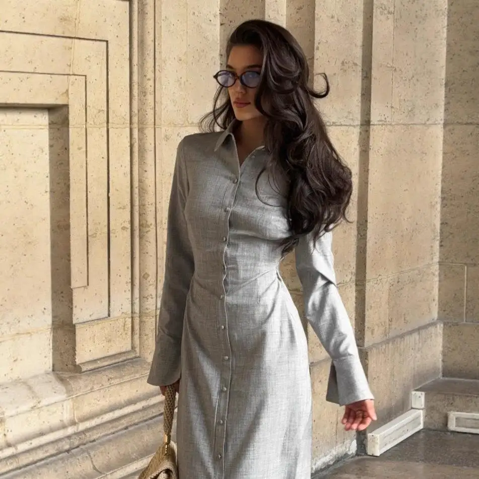 

2025 New Cross-Border Hit Women's Slim Fit Bell Sve irt Dr Cleanfit Sle Long Sve Thin PU Fabric Bell Sve