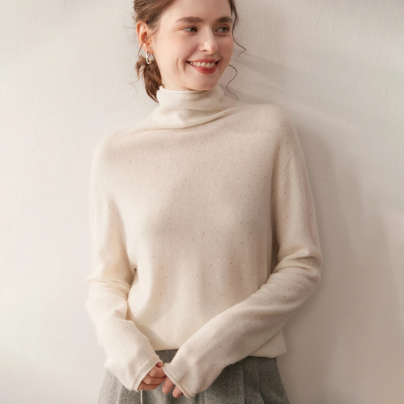 

Осень/зима женский пуловер из 100% чистого кашемира, повседневный однотонный вязаный свитер с бриллиантами, свободные топы с высоким воротом, толстый теплый джемпер