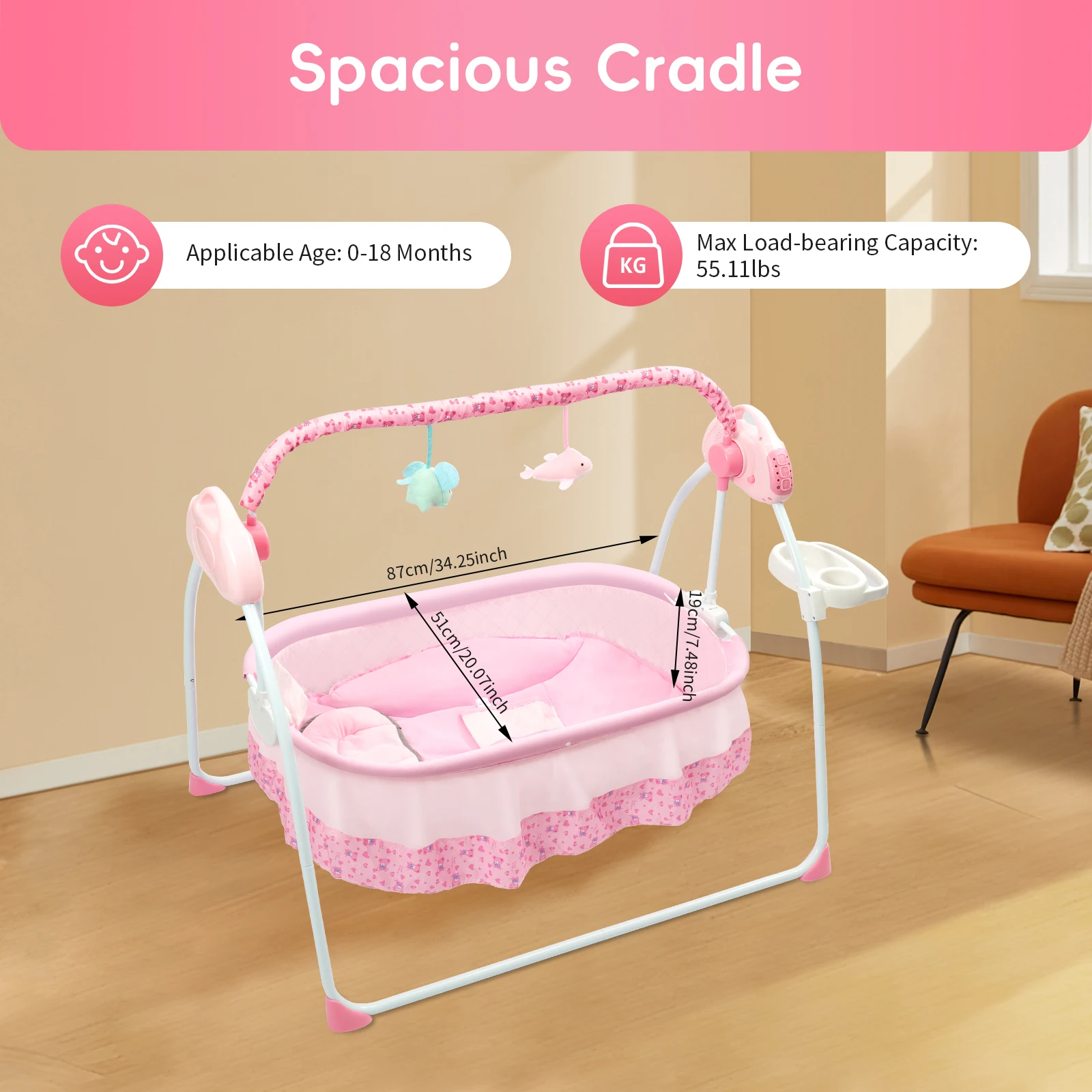 Pink Electric Baby Cradle Swing, Infant Rocking Chair Bed Foldable Bluetooth Baby Crib Cradle with Remote Control & Music