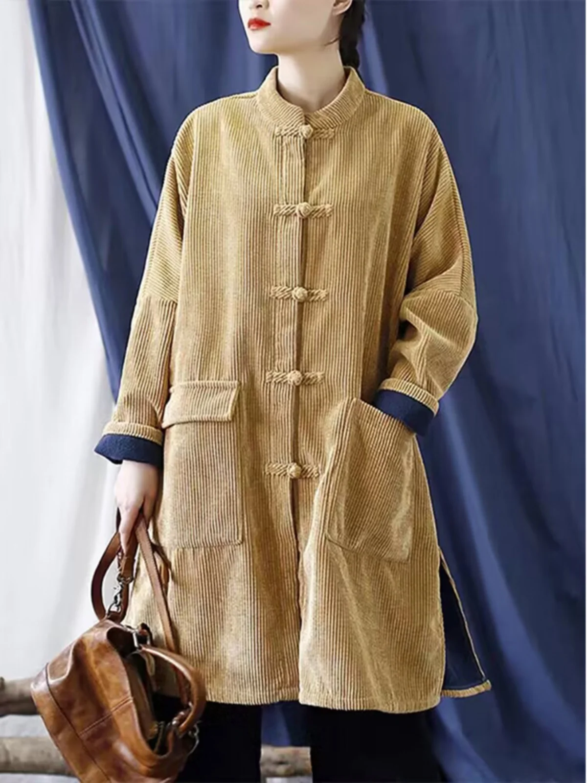 

High-End Japanese Sle Loose Long Sve Thiened Corduroy Jaet Stand Collar Coat Autumn Season Women's Premium Faion