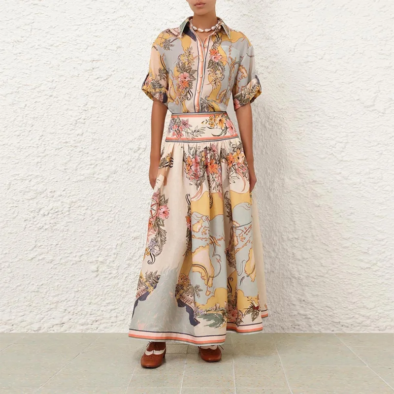 

2025 Spring New Nautical Map Print Casual Short Sleeve Shirt Skirt Set