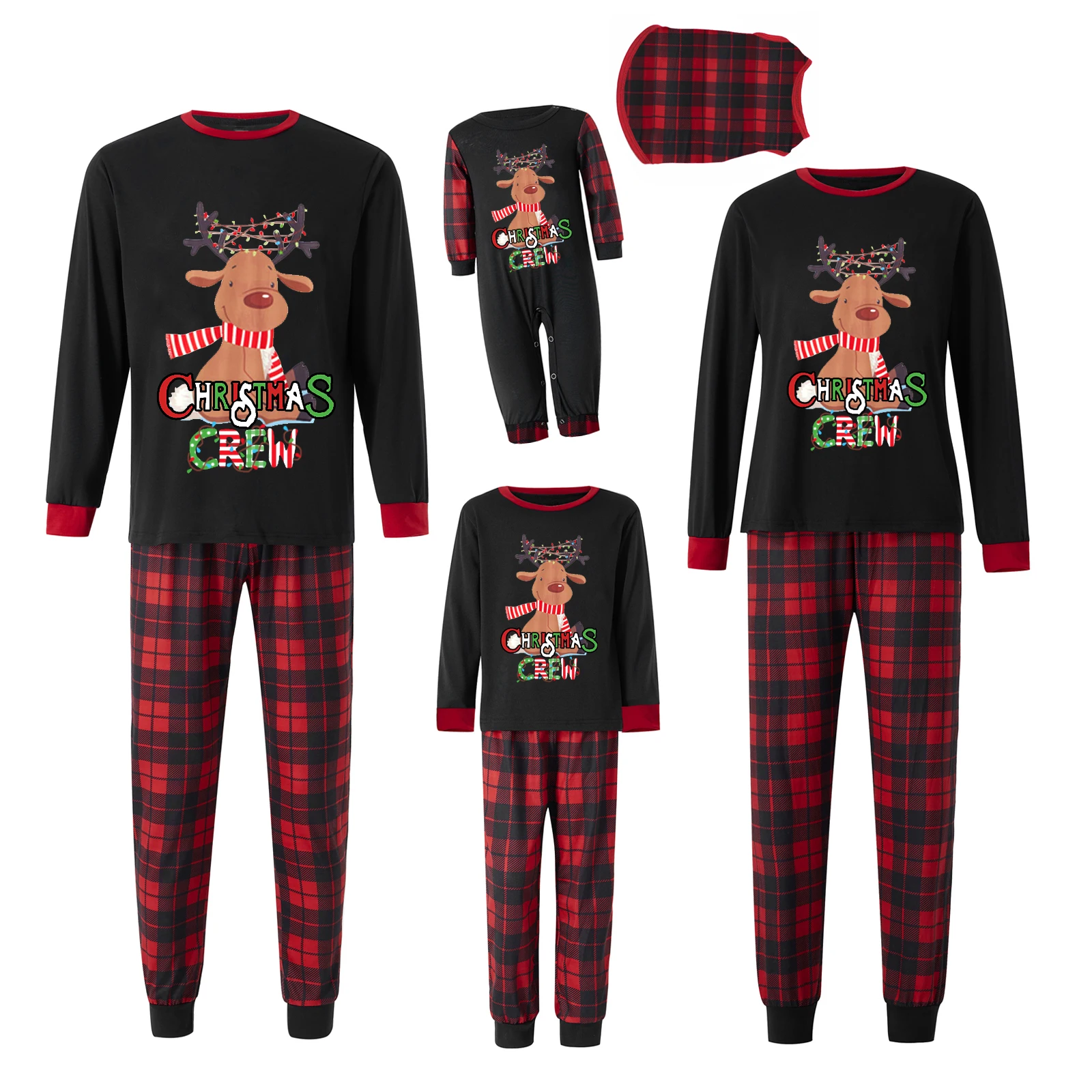 Family Christmas Matching Pajamas Elk Print Long Sleeve T-Shirts and Plaid Pants Set Loungewear Soft Sleepwear Xmas Look Outfits