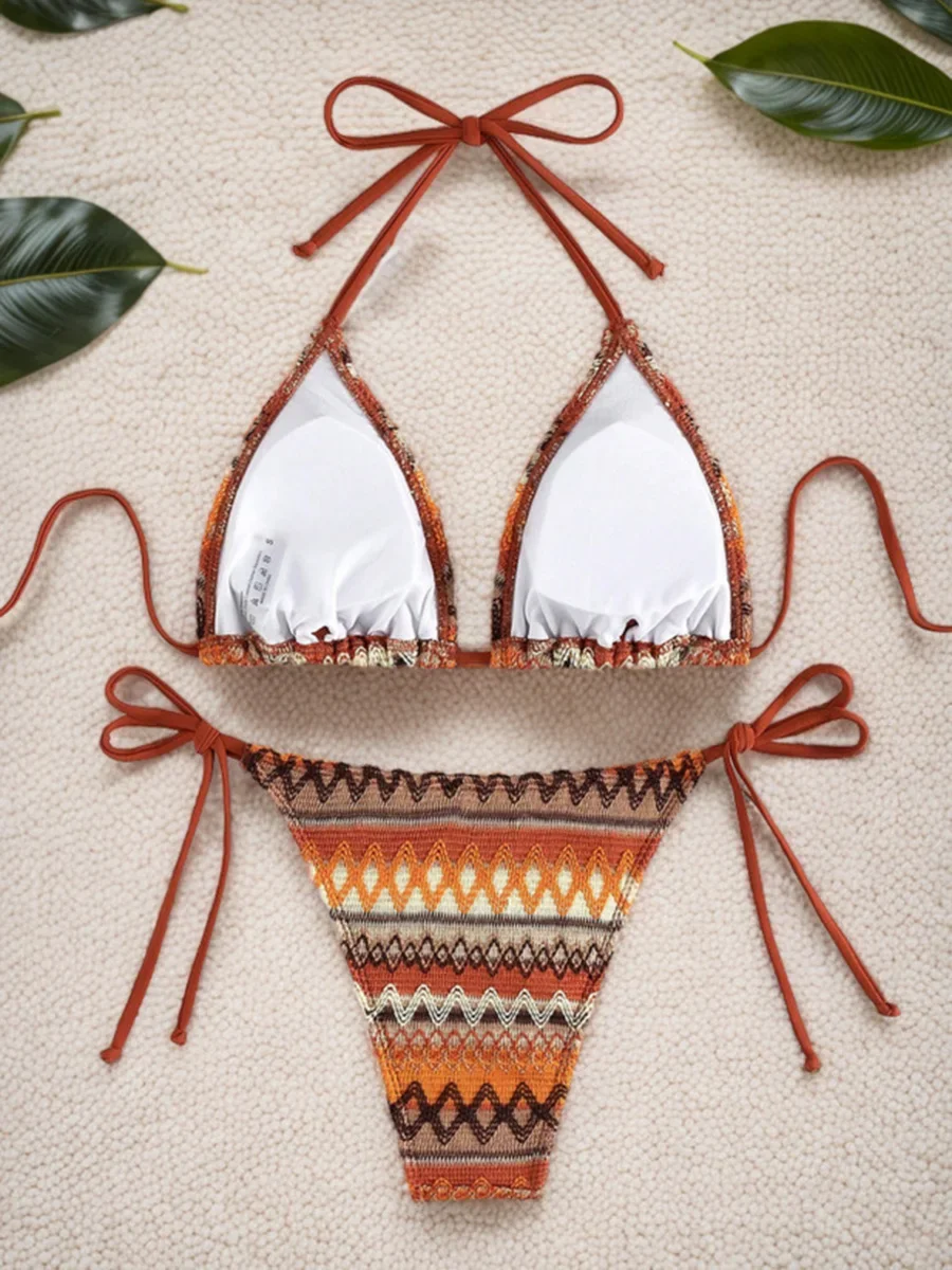 Bikini de punto a rayas con cuello Halter para mujer, traje de baño femenino, conjunto de Bikini de dos piezas, bañador de corte alto, ropa de playa