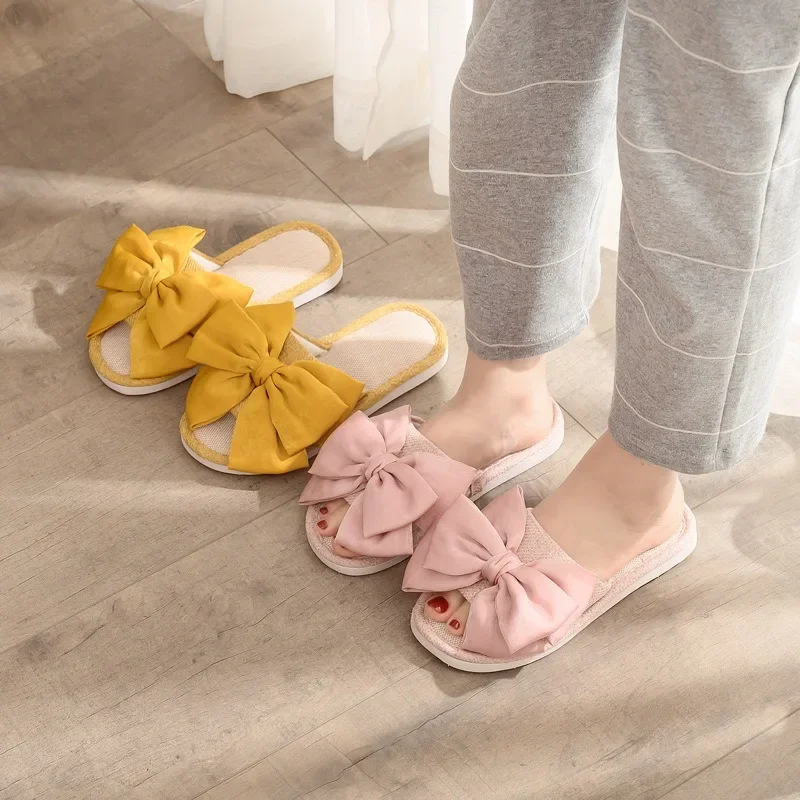 New 2024 Fashion Bow Linen Slippers Spring and Summer Indoor Open Toe Slippers Cotton Linen Women\'s Sandals