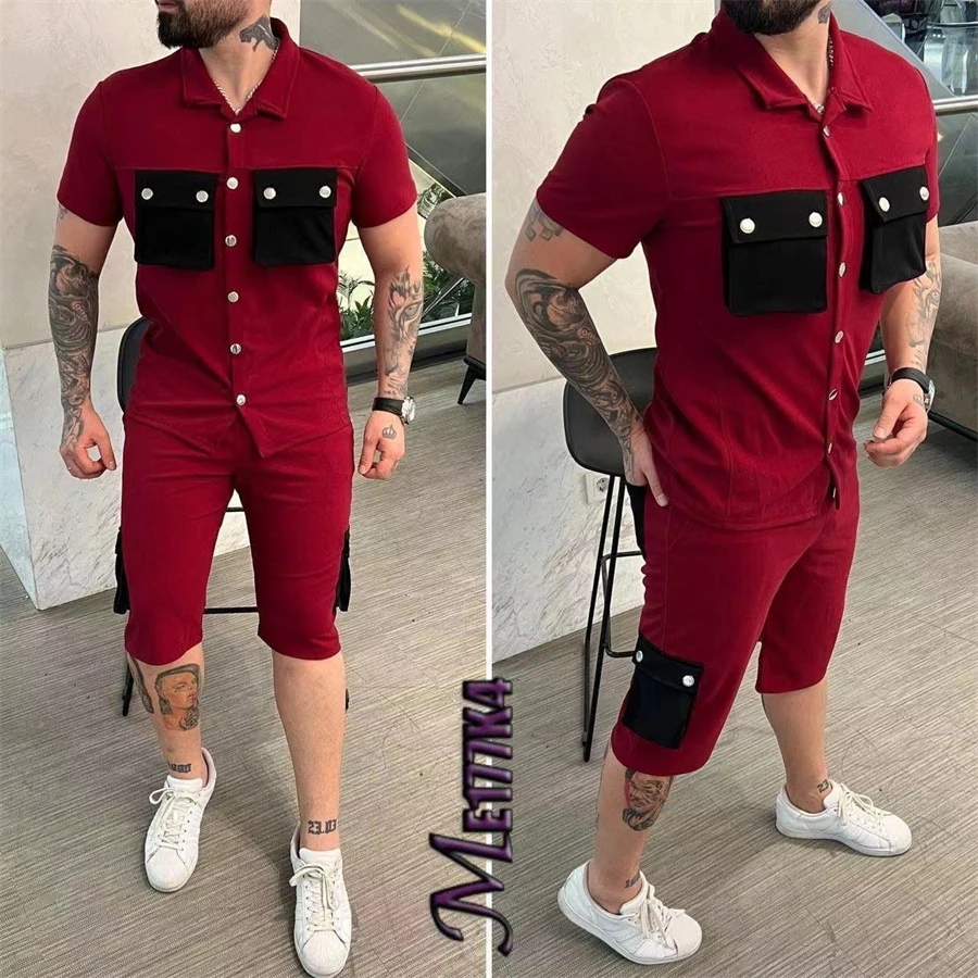 2024 Summer New Men\'s Short sleeved Polo Neck Shirt Shorts Casual Men\'s Two Piece Set