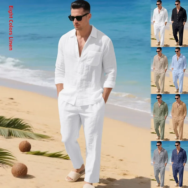 メンズリネン長袖シャツとパンツビーチカジュアルウェア通気性のある夏服長ズボン綿混紡生地
