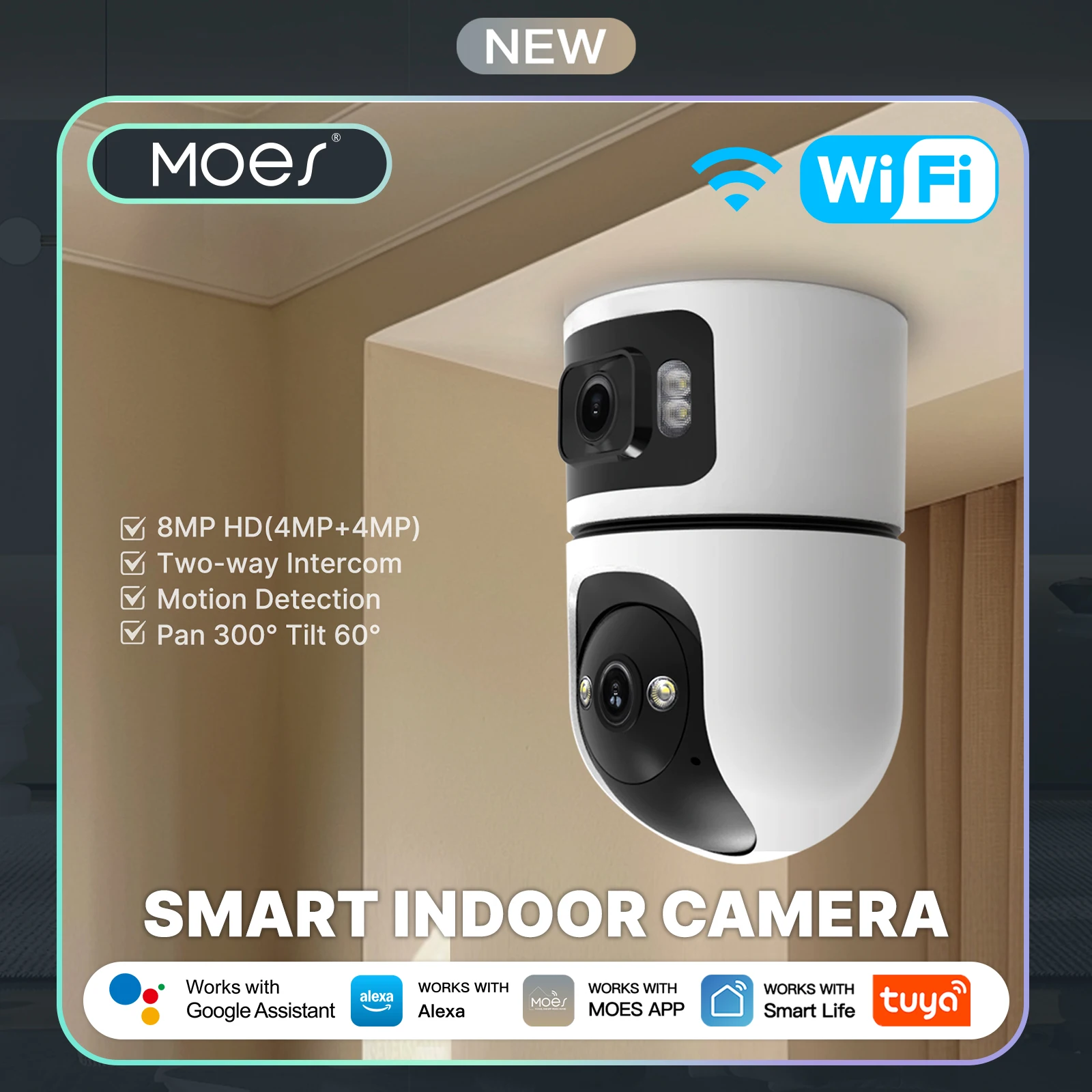 

Moes Tuya WiFi Indoor Smart Camera 4MP Dual Screen Lens 2.4G/5G Infrared Night Vision Motion Detection Auto Track Two-Way Audio