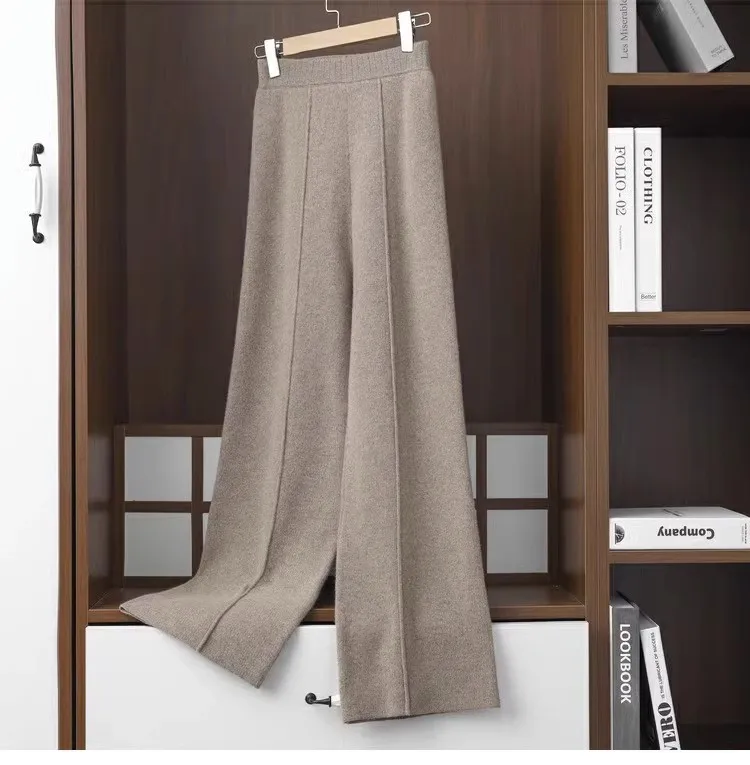 2024 Wide-Leg Pants Women's Mid-Stitching Modified Leg Shape Loose Slimming Knitted High Waist Pants Solid Color Trousers Women