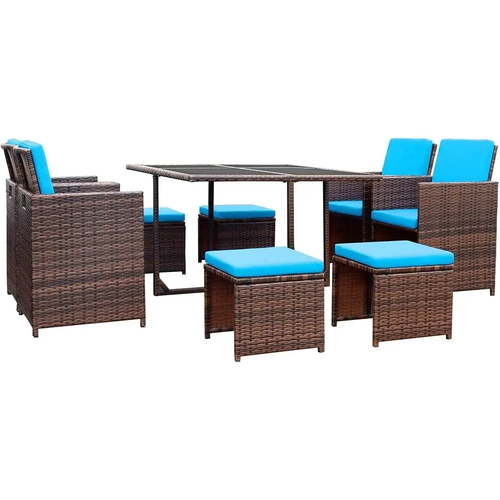 

Space-Saving 9-Piece Outdoor Patio Dining Set with Rattan Chairs, Glass Table, and Cushioned Seating in Blue