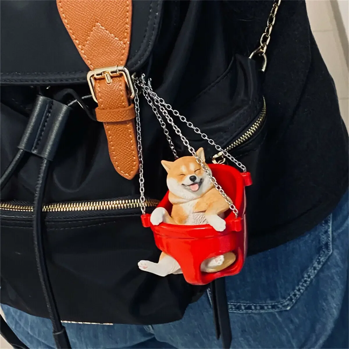 JXK 1/6 Shiba Inu On A Swing Model Pet Dog Pendant Animal Collector Decoration Bag Accessories  Creative Funny Gift Toy