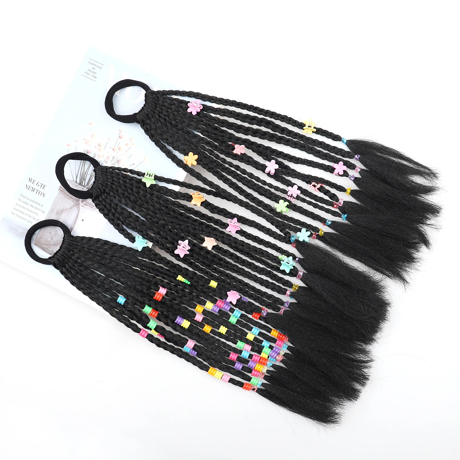 Short Dreadlocks Ponytail Hair Extensions for Girls Synthetic Braided Hair Ponytails Colorful Beads Decorated Stylish