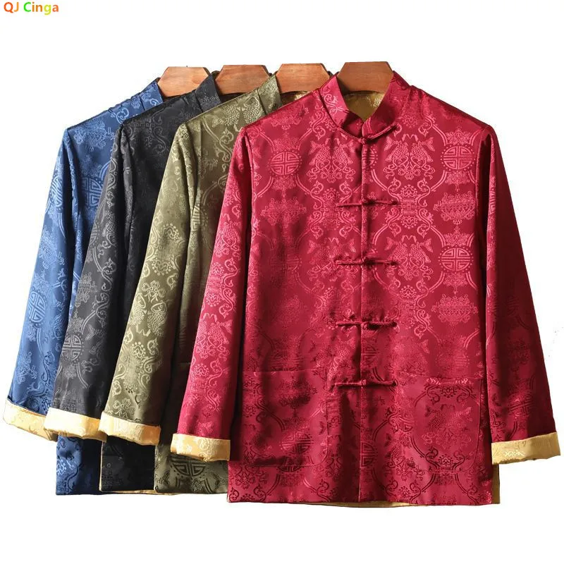 

2026 Новая мужская красная куртка с длинным рукавом, однобортное пальто с воротником-стойкой в китайском стиле, модный повседневный топ.