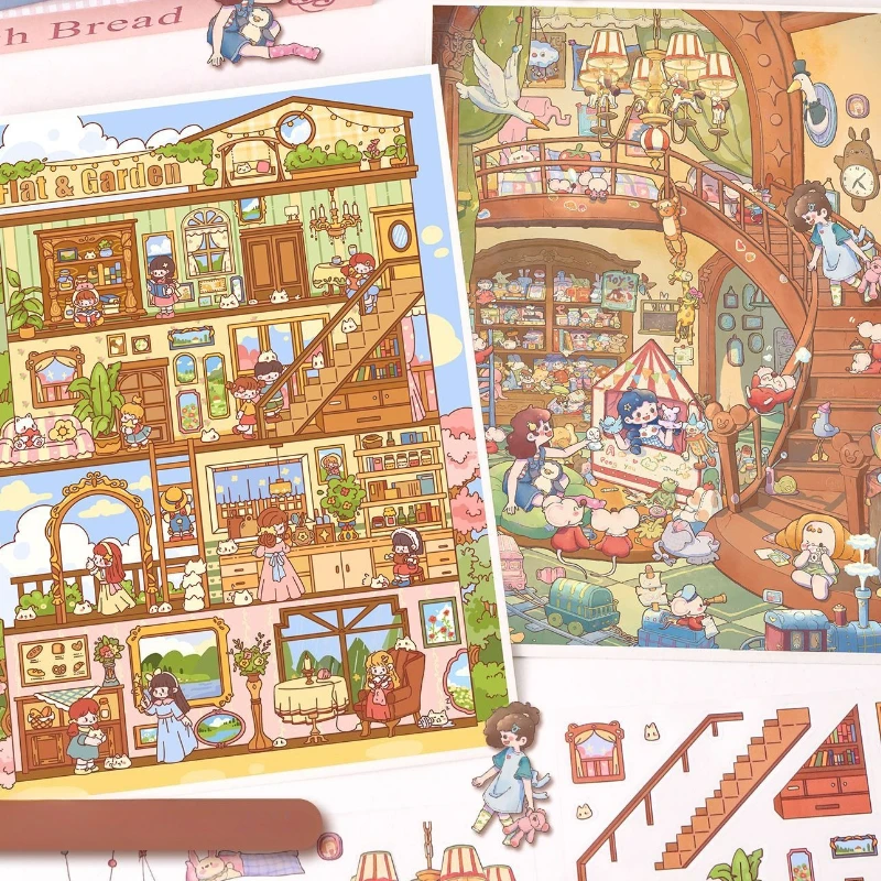 Plus Size Cute Cartoon Room Layout Sticker DIY Decor Journaling Anime Landscape Decal Creative Design Kids Gift Sticker Set