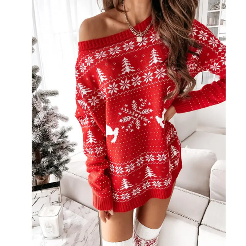 Christmas Snowflake Knitted Mini Dresses Women Fashion Slant Collar Off Shoulder Loose Short Pullover Sweater Dress Female New