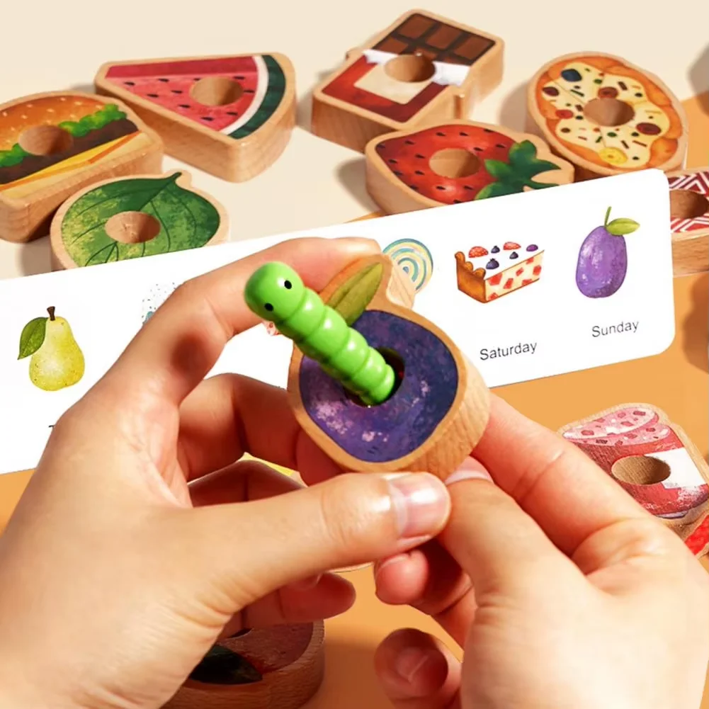 Jogo montessori de contas de laço de frutas e alimentos para crianças pequenas, cor e formato, correspondência cognitiva, treinamento de habilidades motoras finas