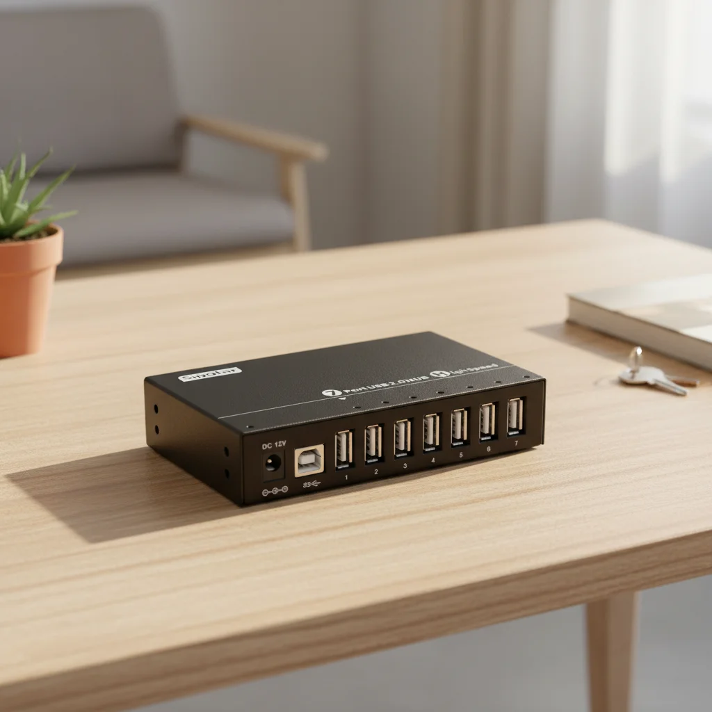 7 Port USB 2.0 Data Transfer & Charging Hub, Industrial Grade Metal Housing for Phone Charging and Peripheral Expansion