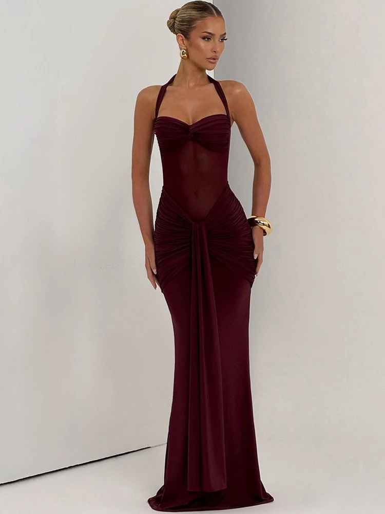 EOENKKY Halter Backless Sexy Maxi Dress Women Fashion Patchwork Off-shoulder Sleeveless Ruched Draped Bodycon Club Party Dress