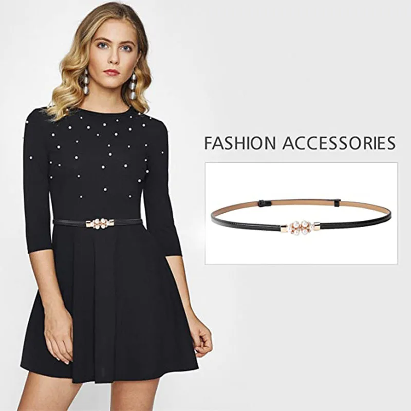 

Pearl Buckle Belt PU Leather Dress Skirt Waist Elastic Thin Women Belts Ladies Waistband Belts for Women Luxury Designer Brand