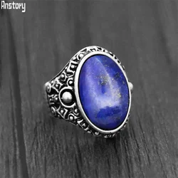 Retro Oval Lapis Lazuli Quartz Women Rings Antique Silver Plated Astrology Natural Stone Tiger Eye Unakite Fashion Ring