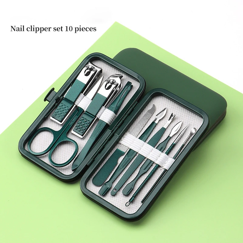 Nail Clipper Set, Home Nail Clippers, Dark Green 10-Piece Set, Pedicure, Exfoliation and Nail Care Tools