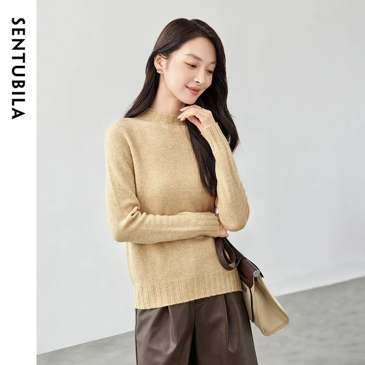 SENTUBILA 100% Wool Pullovers Women Sweater 2024 Autumn Winter Crew Neck Solid Basic Long Sleeve Top Ladies Jumpers W43H57564