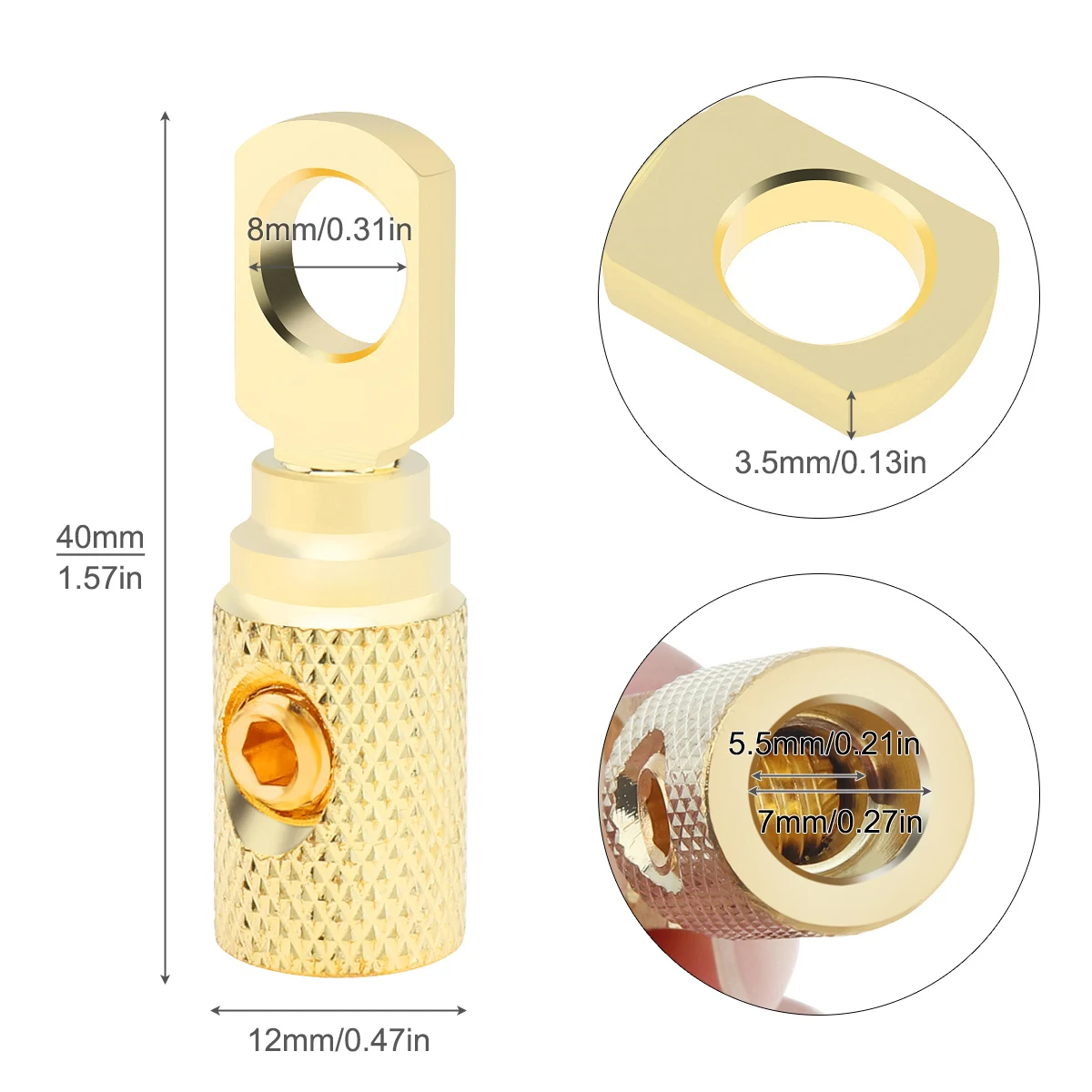 8 Gauge Brass with Gold Plated Ring Set Screw Battery Ring Terminals Amp Input Reducers for 8 - 10 Gauge Wire High Conductivity