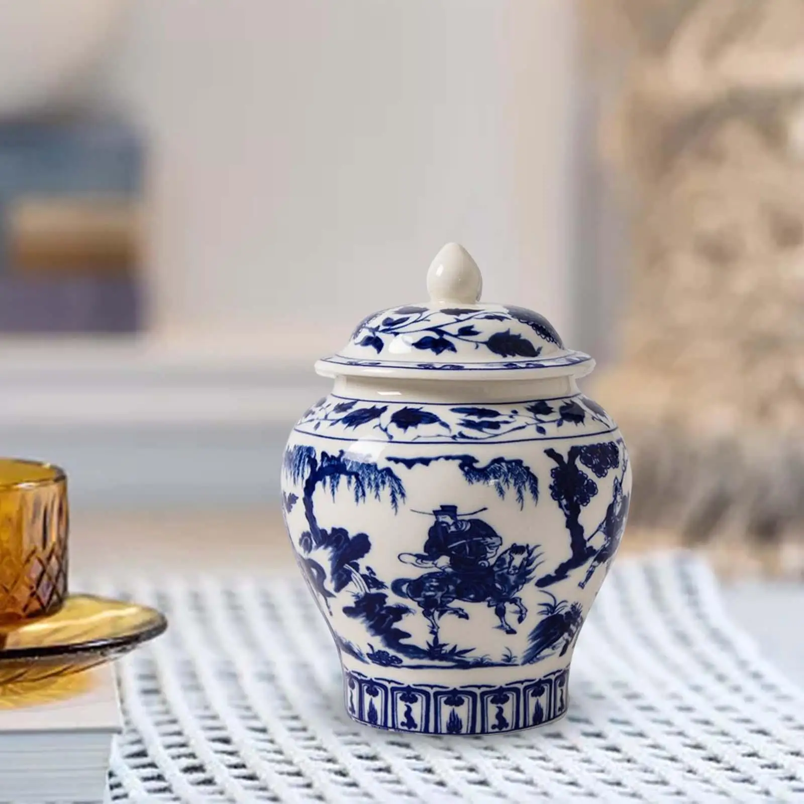 Jarrón de Cerámica Estilo Chinoiserie con Tapa, Adornos Mandarines, Jarrón Tradicional Asiático para Escritorio, Sala de Estar, Fiestas y Bodas