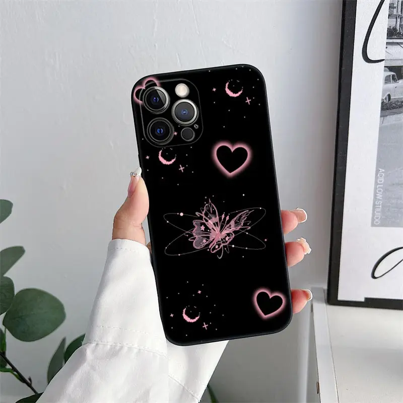Butterfly Love Black Phone Case for iPhone 11 15 16 Pro Max Case Coque 14 Plus 13 Pro 12 11 XS 16 8 SE 2020 15Pro TPU Soft Cover