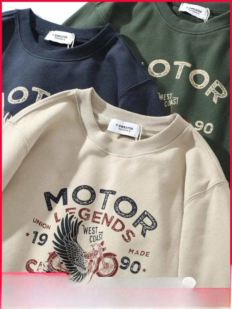 Camiseta Moletom Masculina Americana Retrô de Algodão Pesado com Estampa Casual para Primavera e Outono - Tendência Versátil