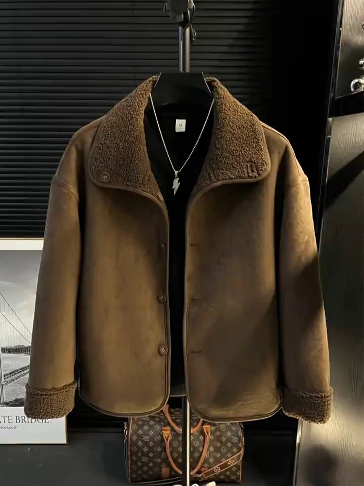 

Мужская утепленная зимняя хлопковая куртка с воротником-стойкой, из замши и бархата, с меховой подкладкой, в американском стиле, повседневная модная верхняя одежда