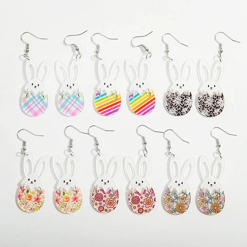Easter Colorful Acrylic Lovely Rabbit Pendant Earrings for Women Girls Cute Bunny Ears Easter Egg Earring Jewelry Party Gifts