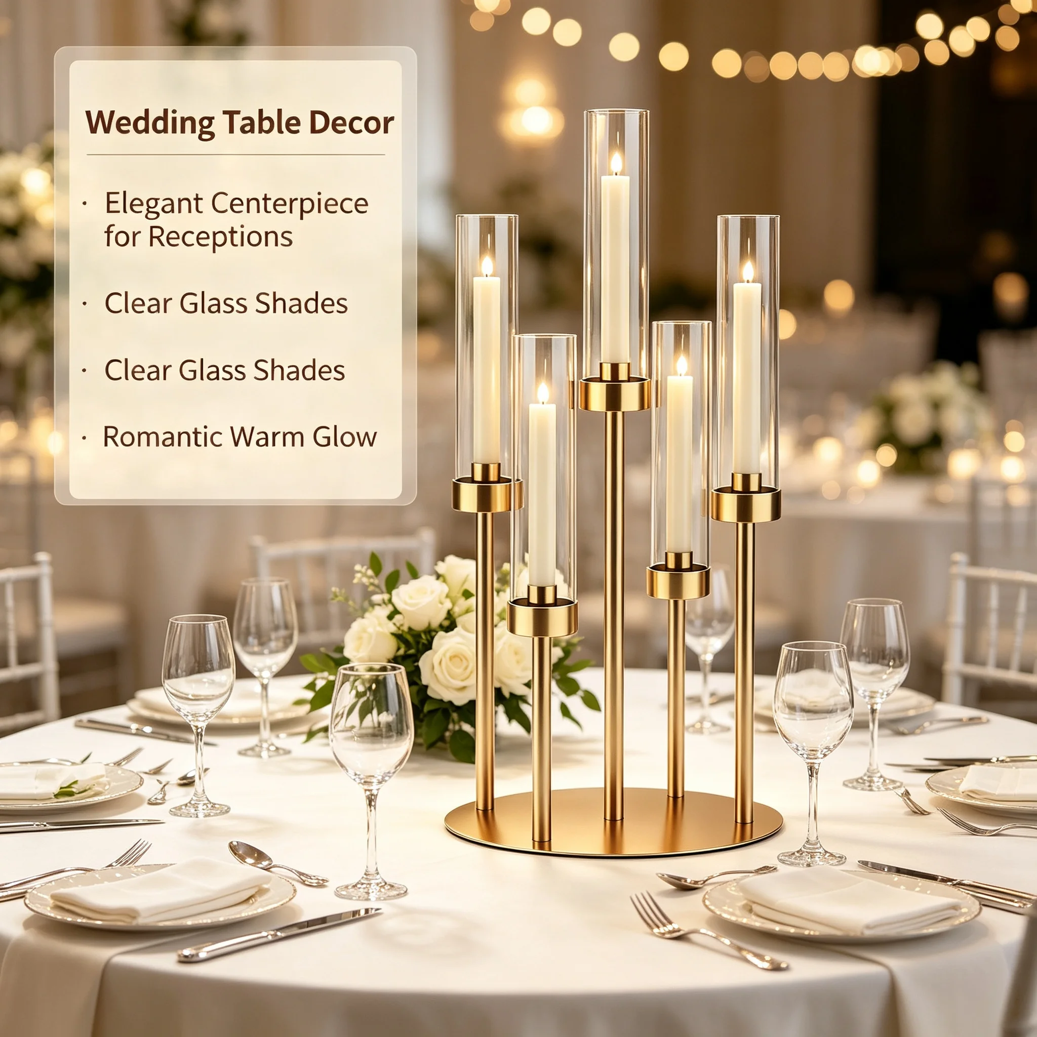 Flameless 5-Tier Gold Candelabra with Clear Glass Shades Stable Base Table Centerpiece for Wedding Reception Home Decor