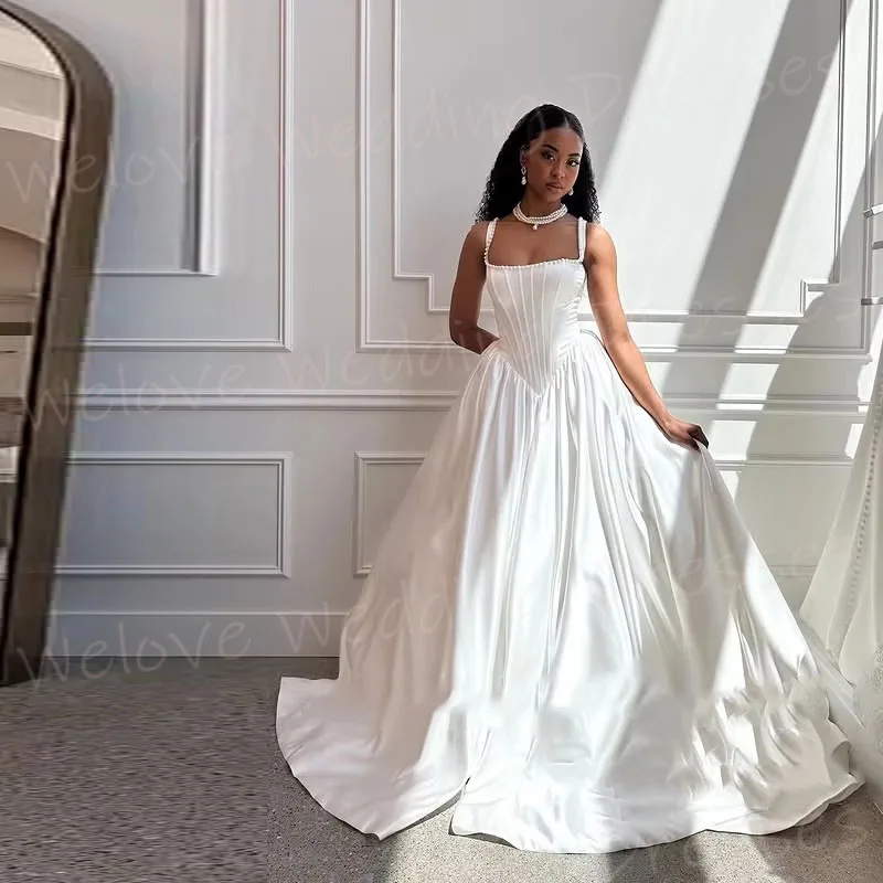 Einfache A-Linie frauen Square Neck Brautkleider Sexy Robe De Mariée Angepasst Braut Kleider Spaghetti-trägern Vestido De Novia