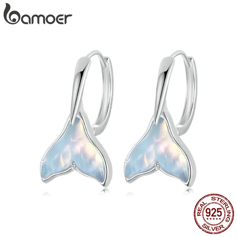 BAMOER 925 Sterling Silver Fish Tail Ear Buckles Blue Stone Hoop Earrings Plated Platinum Fine Jewelry for Women