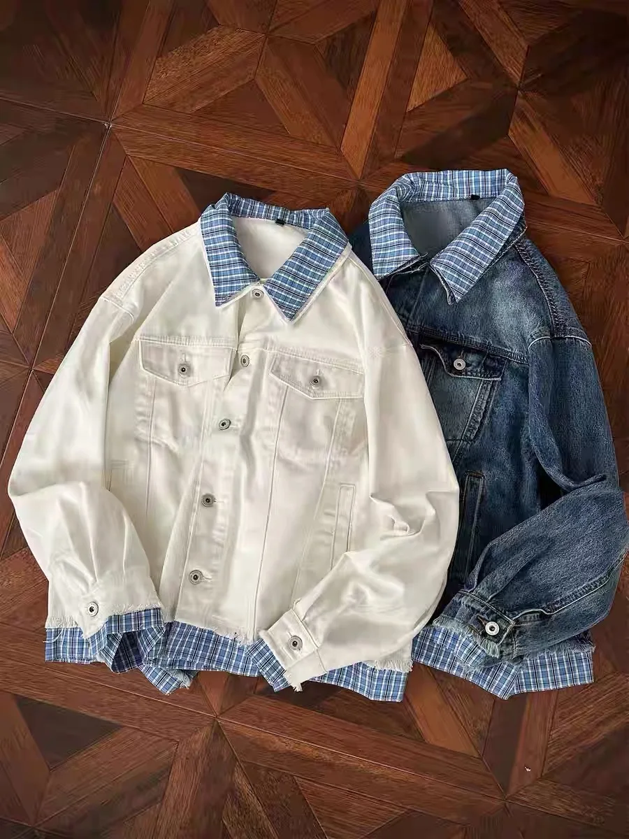 

Retro American Plaid Splicing Loose Men's Denim Jaet Autumn Winter Casual Versatile Long Sve Collar Outerwear
