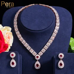 Pera CZ Classic Cubic Zirconia Gold Color Nigerian Wedding African Costume Big Statement Jewelry Set With Red Crystal Stone J060
