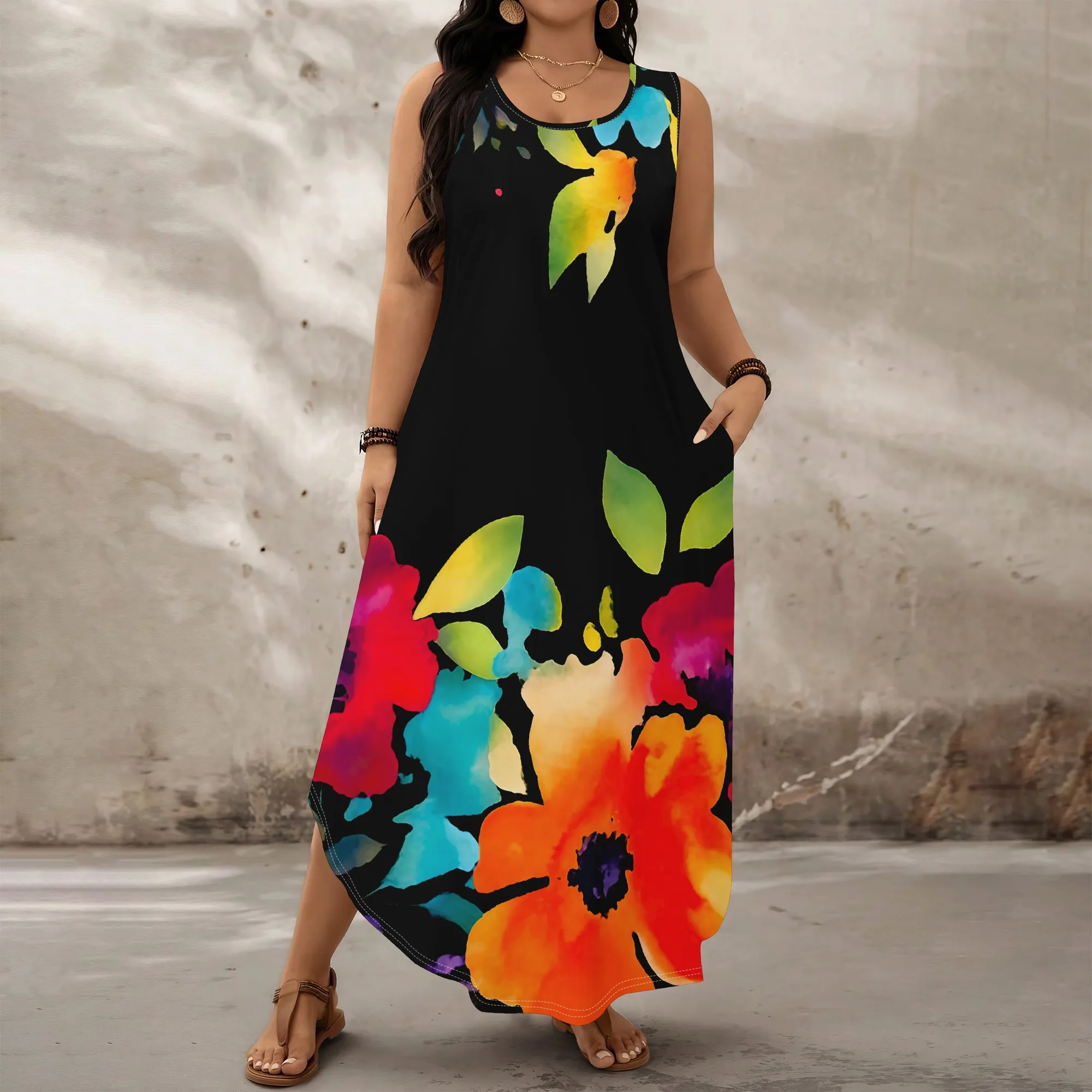 

Women's Plus Size A-Line Maxi Dress Sleeveless Black Floral Print Summer Vacation Dress with Pockets XL-6XL