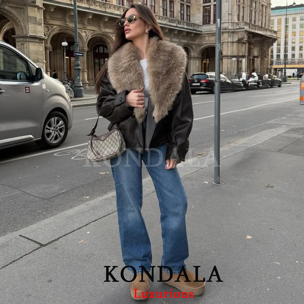 

KONDALA Casual Chic Brown Fur Collar Leather Jackets Women V Neck Long Sleeve Double Buttons Coats Fashion 2025 Streetwear Coat
