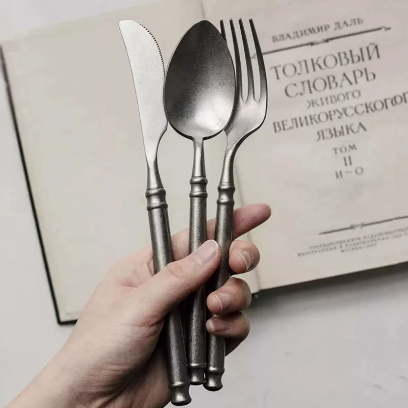 Nordic Style Stainless Steel Cutlery Set, Silver Vintage Knife Fork Spoon for Steak Coffee, Photo Props Tableware for Home Use