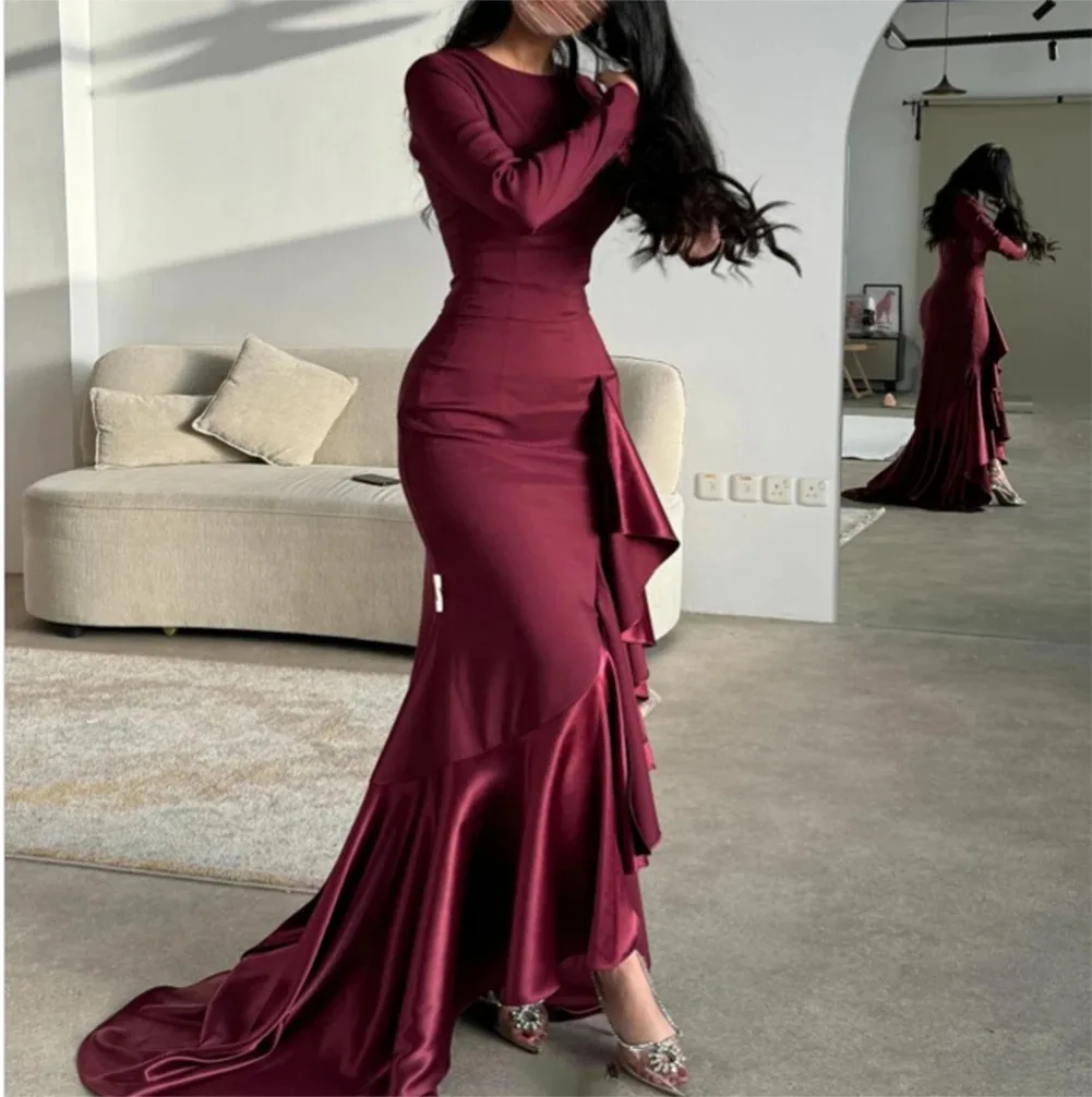 Long Burgundy Prom Dresses Elegant Mermaid Evening Dresses Long Sleeve Crepe Round Neck Formal Party Gown For Special Events