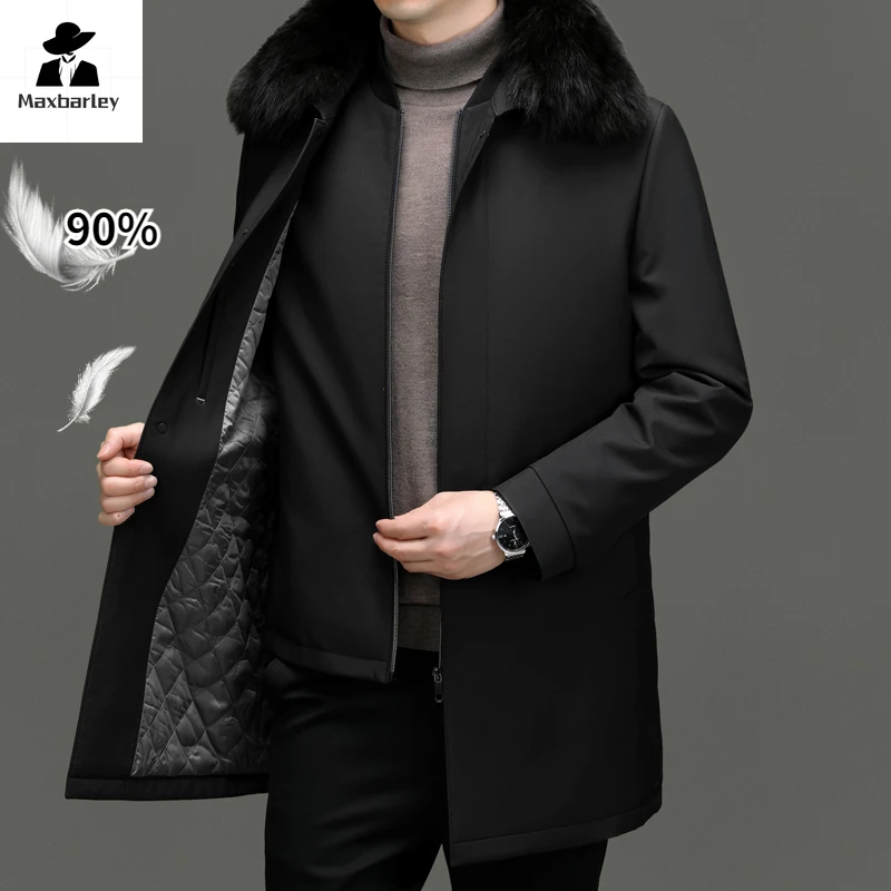 Luxury Winter Down Jacket Men\'s Fashion Mid-length Fur Collar Thick  White Duck Down Coat Male Casual Detachable Liner Warm Coat