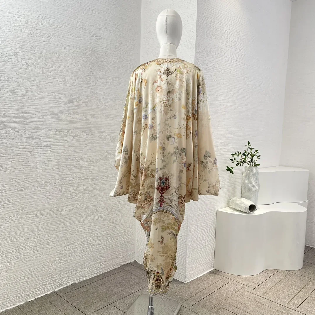 2024 High Quality Beige Floral Print Long Sleeve Diamonds Deep V Neck Loose Midi Dress