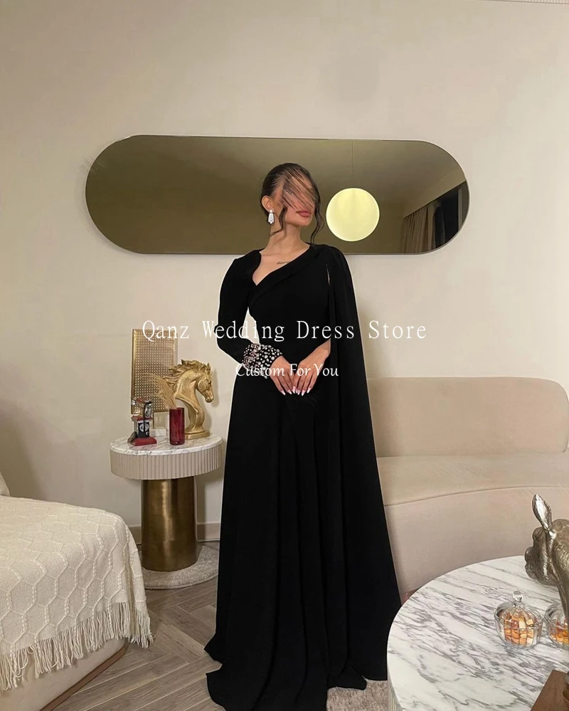 Qanz Elegant Black Mermaid Prom Dresses Long Sleeves Crystals Cape Robe Evening Dresses Beaded Prom Party Dresses Customized