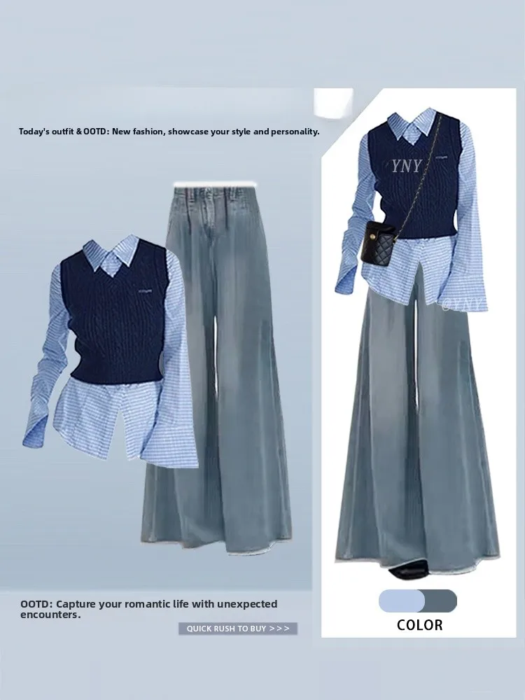 

Vintage Style Women's Knitted Stripe Shirt Sleeveless High Waist Wide Leg Pants Three Piece Set Casual Fashion College Wind